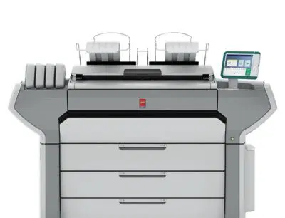Çok sayıda çekmece ve kontrol paneline sahip büyük format yazıcı. Geniş format yazıcı.
