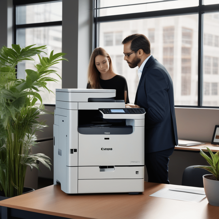 İki meslektaşım Canon imageRUNNER ADVANCE DX C3730i çok işlevli yazıcıyı inceliyor.