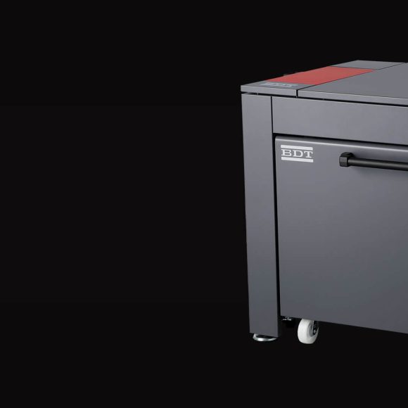 Canon BDT VX 370 uzun kağıt besleyici. Tekerlekli ve saplı gri makine.
