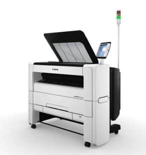 Kontrol paneli ve durum ışığı bulunan Canon plotWAVE T30/T35 büyük format yazıcı.
